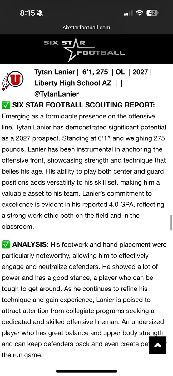 Tytan Lanier 2027 (@tytanlanier) on Twitter photo Thank you <a href="/sixstarfootball/">Six Star Football | PLUS+</a> for the right up and analysis of my camp performance! Cannot wait until the season! <a href="/LibertyFBLions/">Liberty Lions Football</a> <a href="/coachthomasfb/">Colin Thomas</a> <a href="/Coach_Gloden/">Shawn Gloden</a> <a href="/RonTBAOL/">Ron Sowers</a> <a href="/JUSTCHILLY/">Just Chilly</a> <a href="/thehonestupdate/">Hunter Tierney</a> Thank you <a href="/sixstarfootball/">Six Star Football | PLUS+</a> for the right up and analysis of my camp performance! Cannot wait until the season! <a href="/LibertyFBLions/">Liberty Lions Football</a> <a href="/coachthomasfb/">Colin Thomas</a> <a href="/Coach_Gloden/">Shawn Gloden</a> <a href="/RonTBAOL/">Ron Sowers</a> <a href="/JUSTCHILLY/">Just Chilly</a> <a href="/thehonestupdate/">Hunter Tierney</a>