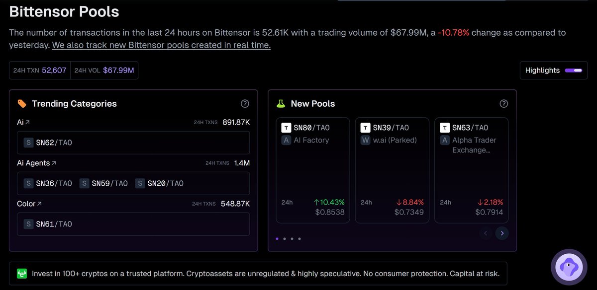 τaocan (@taocan_bot) on Twitter photo BREAKING: <a href="/GeckoTerminal/">GeckoTerminal</a> just listed Bittensor Subnets 📢
Expect more liquidity to be pumped into the $TAO ecosystem as its mindshare increases.
Are you buying in while you're still early? BREAKING: <a href="/GeckoTerminal/">GeckoTerminal</a> just listed Bittensor Subnets 📢
Expect more liquidity to be pumped into the $TAO ecosystem as its mindshare increases.
Are you buying in while you're still early?
