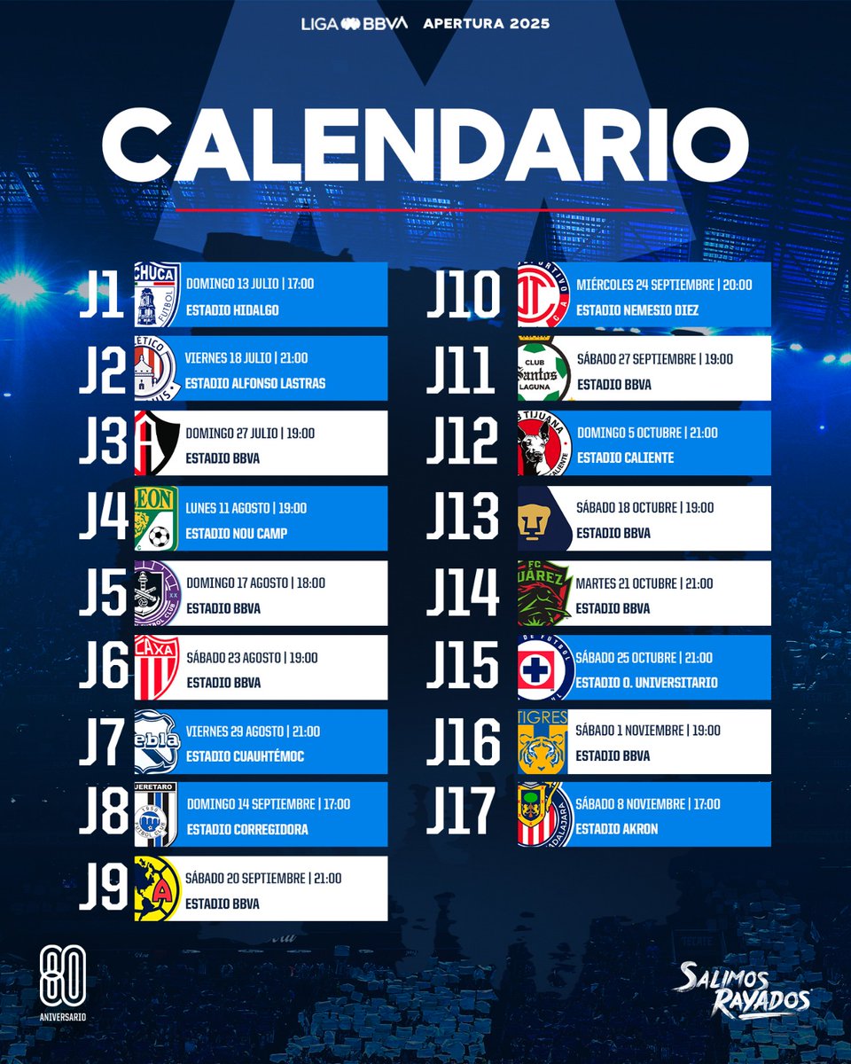 Fechas listas para el #Apertura2025 🗓️ 

Nuestro corazón ya late en Azul y Blanco 💙🤍 

#EnLaVidaYEnLaCancha
#ArribaElMonterrey