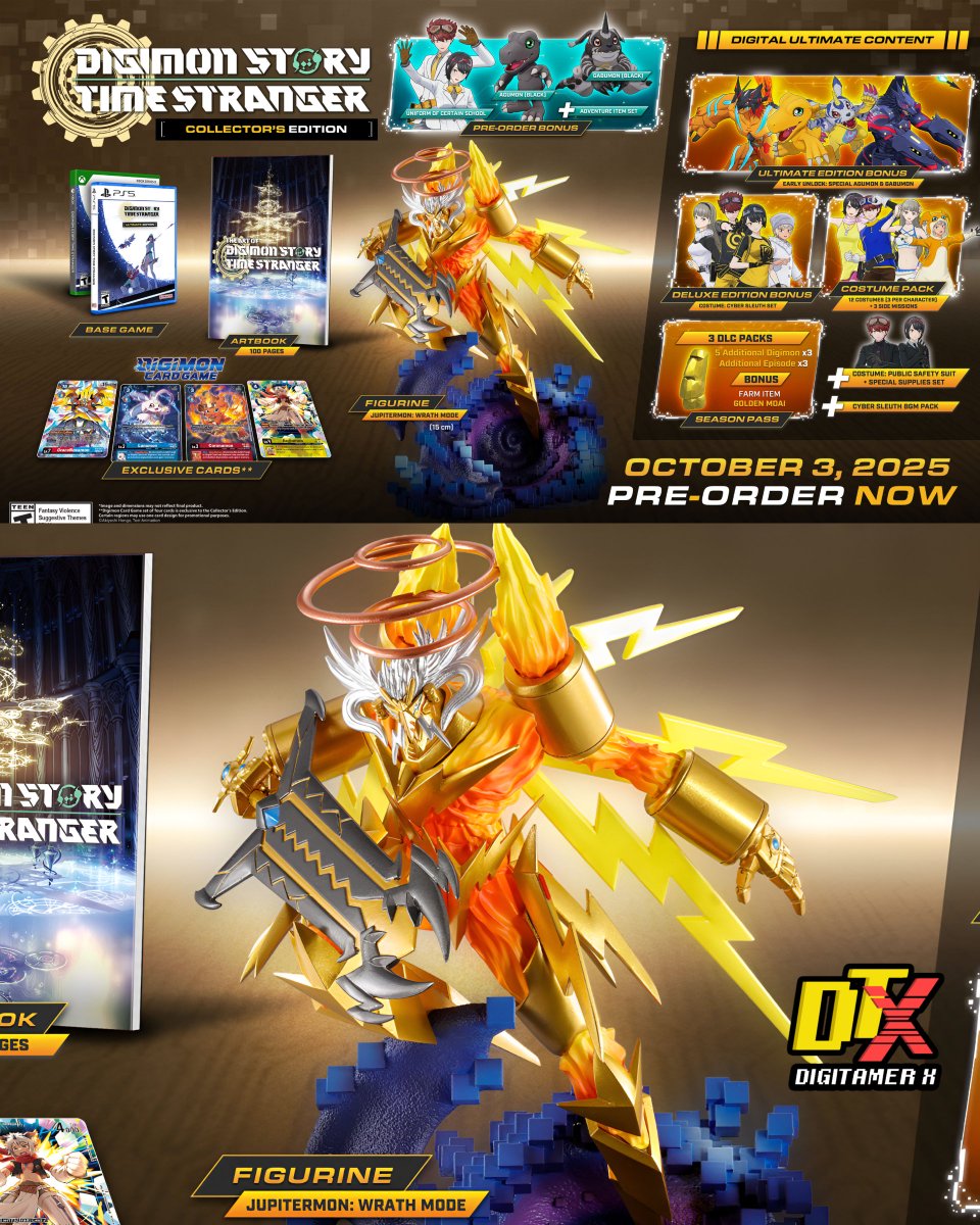 Descubre la Edición de Coleccionista de #Digimon Story #TimeStranger:

💥 Figura exclusiva de Jupitermon: Wrath Mode por MegaHouse
💥 Set de 4 cartas del juego de cartas Digimon
💥 Un impresionante artbook de 100 páginas
💥 Todo el contenido digital de la Edición Definitiva
