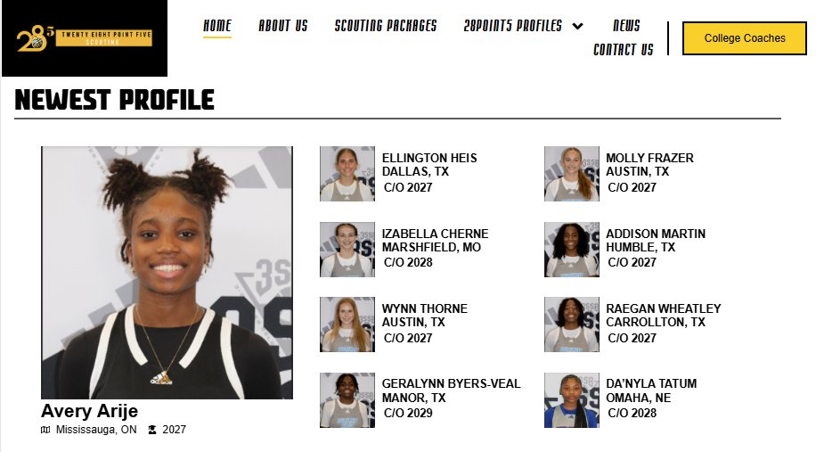 ⭐️28.5 Scouting

'27 Avery Arije (Ontario) is on the front page of the website tonight.

She averaged 18ppg and nearly 2 steals per game with Sol United 16U this spring.

College Coaches can get full analysis ⬇️
28point5scouting.com/inside/