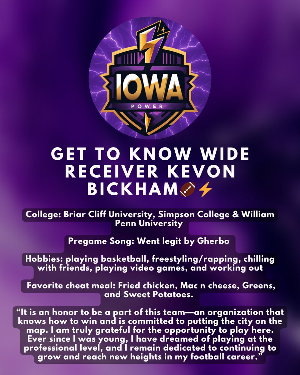 Iowa_Power's tweet photo. He’s not just a player — he’s a force. Meet Kevon.💪⚡
#IowaPower #PowerPlayer #ArenaFootball #MeetTheSquad #DubuqueStrong #GridironGlory https://t.co/QTiz6iMaIZ