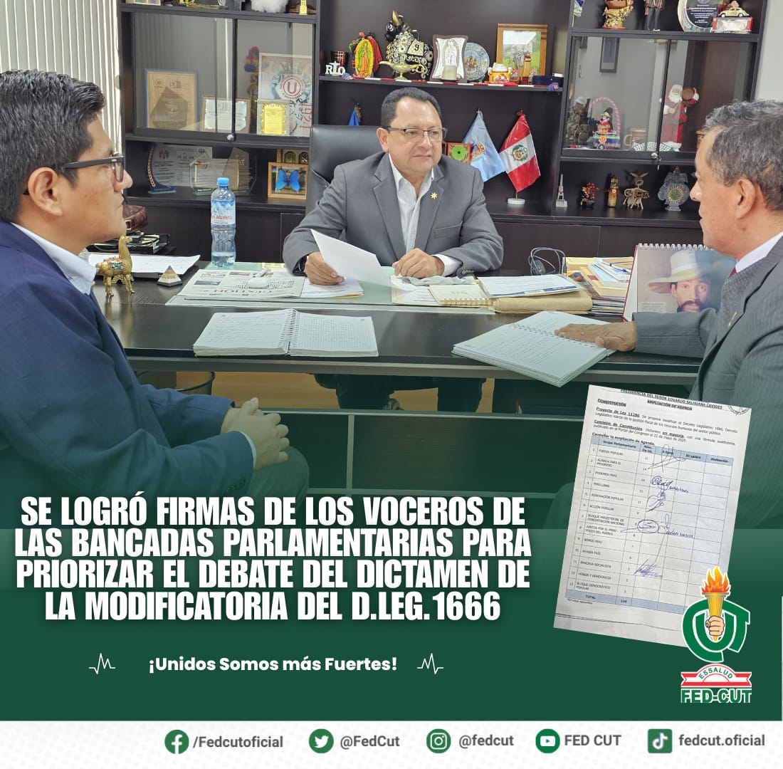 Federación CUT (@fedcut) on Twitter photo ✅ #FEDCUT logró firmas de voceros parlamentarios para priorizar el debate del dictamen que modifica el #DL1666 y la exclusión de <a href="/EsSaludPeru/">EsSalud Perú</a>.
📢 ¡Ahora toca insistir con lxs congresistas para lograr su aprobación por unanimidad! ✊
#80AñosFEDCUT #EsSaludPresente ✅ #FEDCUT logró firmas de voceros parlamentarios para priorizar el debate del dictamen que modifica el #DL1666 y la exclusión de <a href="/EsSaludPeru/">EsSalud Perú</a>.
📢 ¡Ahora toca insistir con lxs congresistas para lograr su aprobación por unanimidad! ✊
#80AñosFEDCUT #EsSaludPresente