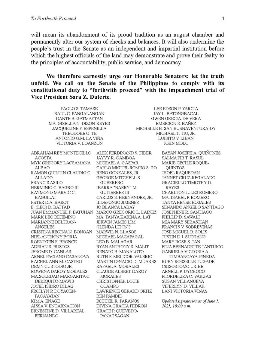 Inquirer (@inquirerdotnet) on Twitter photo READ: Faculty members of UP College of Law, in an open letter, urge the Senate to âforthwith proceedâ with the impeachment trial of Vice President Sara Duterte.
They also express concern on moves to âpreemptively dismissâ the impeachment case vs. Duterte. | <a href="/dempseyreyesINQ/">Dempsey Reyes</a> /PDI READ: Faculty members of UP College of Law, in an open letter, urge the Senate to âforthwith proceedâ with the impeachment trial of Vice President Sara Duterte.
They also express concern on moves to âpreemptively dismissâ the impeachment case vs. Duterte. | <a href="/dempseyreyesINQ/">Dempsey Reyes</a> /PDI
