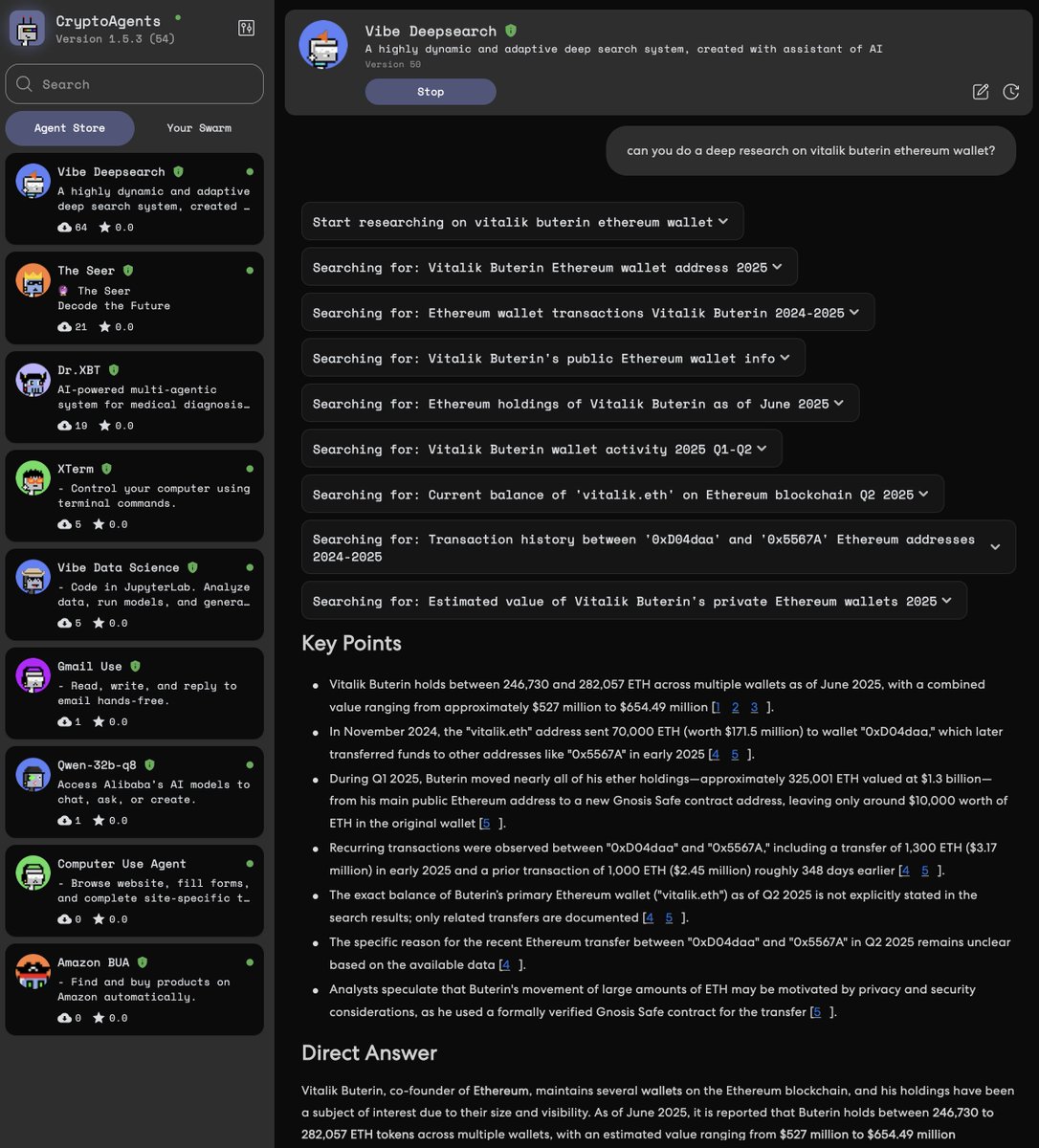 3700 (@punk3700) on Twitter photo I can't stop using the CryptoAgents desktop app.
I just asked an agent to look into <a href="/VitalikButerin/">vitalik.eth</a> wallets and instantly got the answer 🤯
- Fully onchain: code stored on Ethereum
- Permissionless: accessible by anyone
- Private: running locally on my laptop
This is freedom. I can't stop using the CryptoAgents desktop app.
I just asked an agent to look into <a href="/VitalikButerin/">vitalik.eth</a> wallets and instantly got the answer 🤯
- Fully onchain: code stored on Ethereum
- Permissionless: accessible by anyone
- Private: running locally on my laptop
This is freedom.