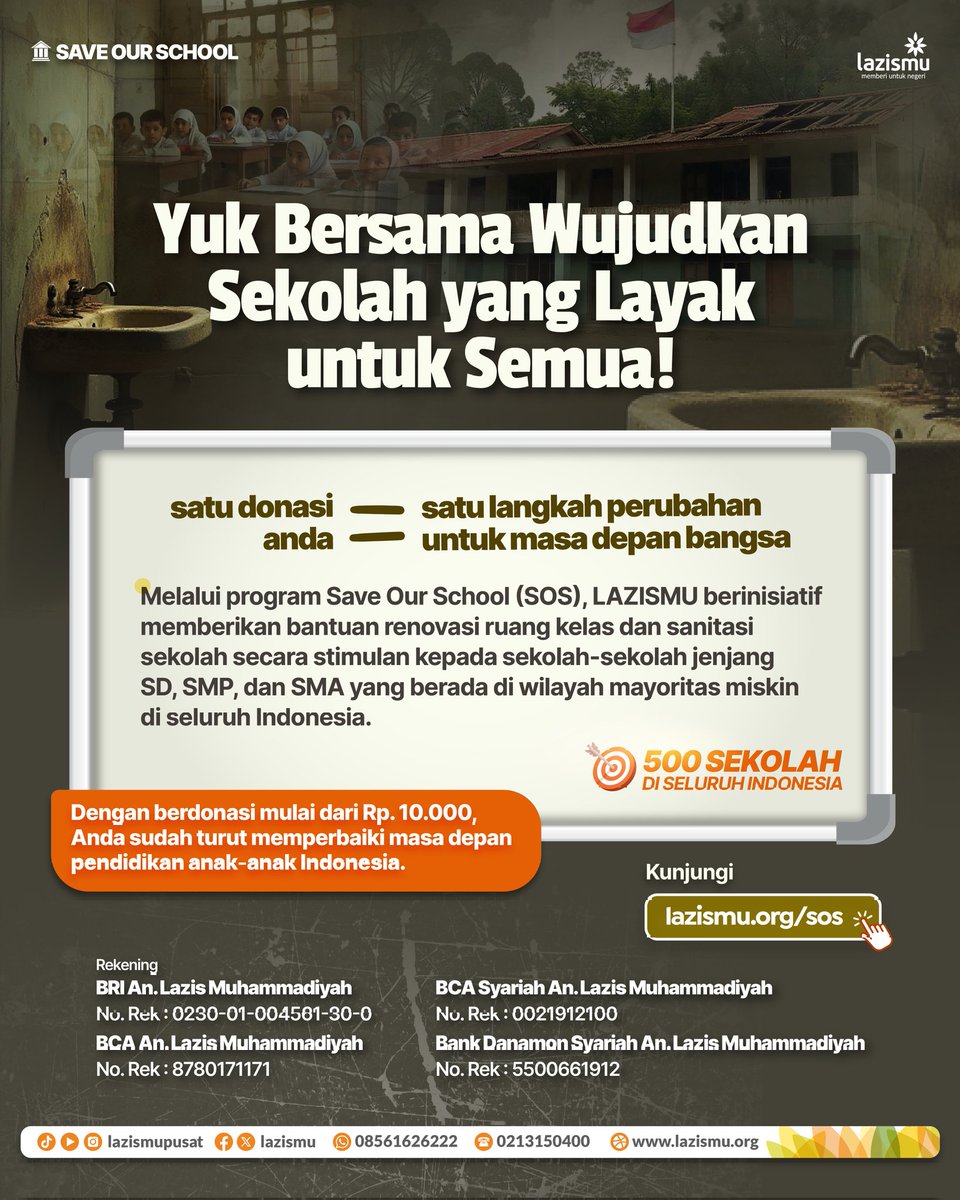 Setiap anak berhak atas pendidikan yang layak. 

Lazismu mengajakmu untuk turut berdonasi dan wujudkan 500 sekolah impian. Satu donasi Anda, satu langkah perubahan untuk masa depan bangsa! 

Yuk, berdonasi dan share postingan ini untuk membantu menyertakan kesadaran pentingnya
