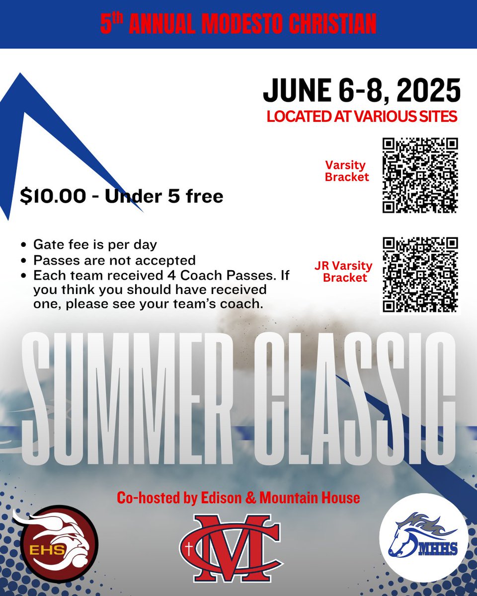 5th Annual Modesto Christian Summer Classic kicks off on June 6! Co-hosted by Edison and Mountain House, games will tip-off on Friday at the following venues:
Modesto Christian
Edison
Mountain House

MC's first game is at home at 8PM. They will take on the Oakdale Mustangs.