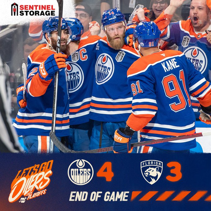 Oilers end of game graphic with a photo of Edmonton celebrating the goal 