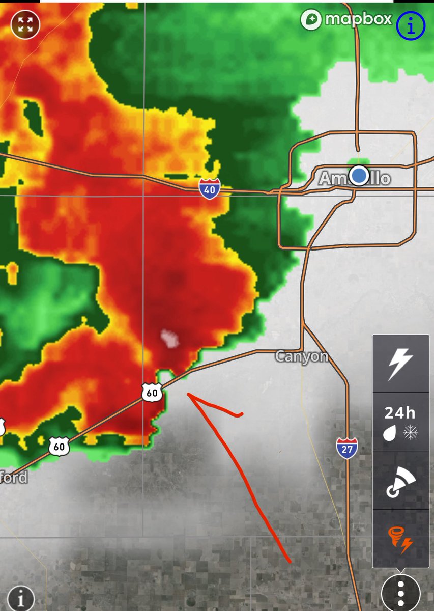 Unnerving. That white spot is a hail core indicating 5”+ on radar and it’s headed for Canyon. Hopefully it’ll hail out before it gets here. #txwx