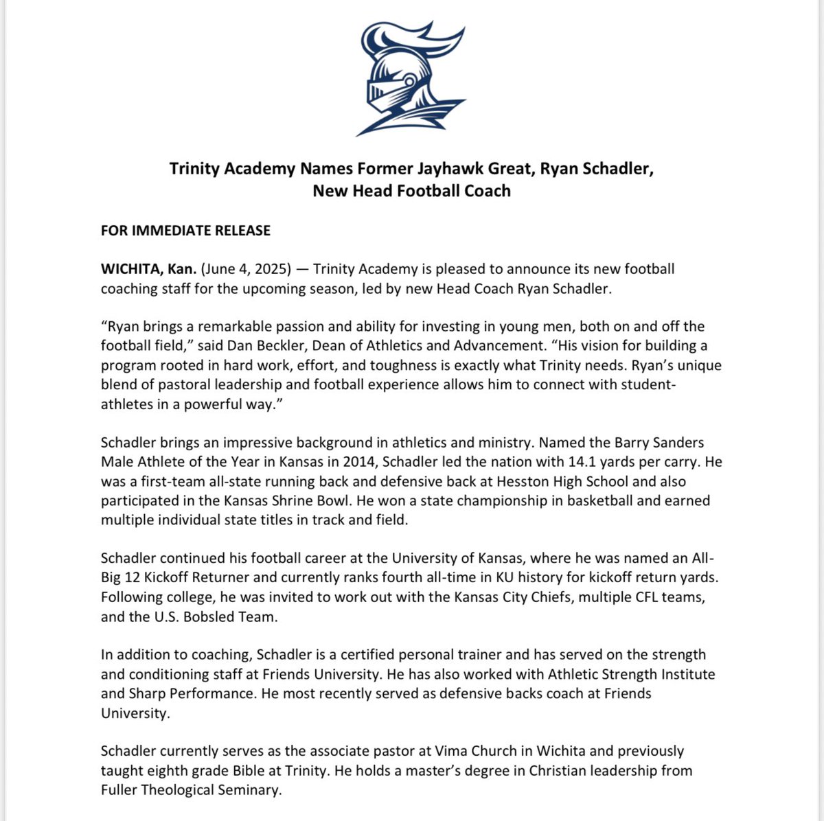 Noah Sacco (@noahsaccotv) on Twitter photo NEW: Wichita Trinity hires Ryan Schadler as its new head football coach
The <a href="/SwatherAD/">Swather Athletics</a> legend and #kufball standout adds #KStateFB products Ben Adler and Hillard Cozine on staff
<a href="/ryschad33/">Ryan Schadler</a> #kspreps NEW: Wichita Trinity hires Ryan Schadler as its new head football coach
The <a href="/SwatherAD/">Swather Athletics</a> legend and #kufball standout adds #KStateFB products Ben Adler and Hillard Cozine on staff
<a href="/ryschad33/">Ryan Schadler</a> #kspreps