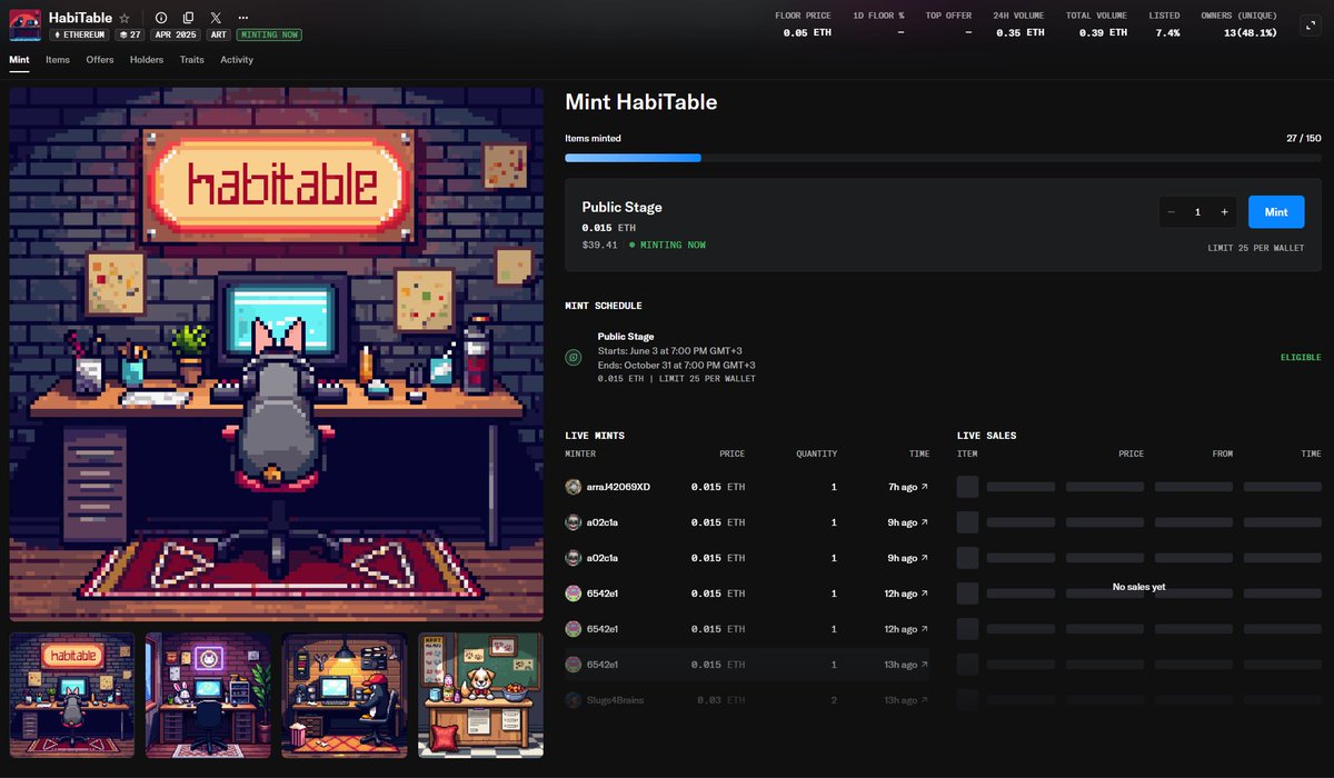 pixelartmuseum's tweet photo. Not Loud 
Just Vibes
Already 27 HabiTables have found their owners
Public Mint continues
Habit + Table = HabiTable 
Which cozy space got you? 
#art #Pixel #opensea #NFT #NFTCommunity #cozyvibes #pixelartist #game #habitable https://t.co/dndCQTe0C0
