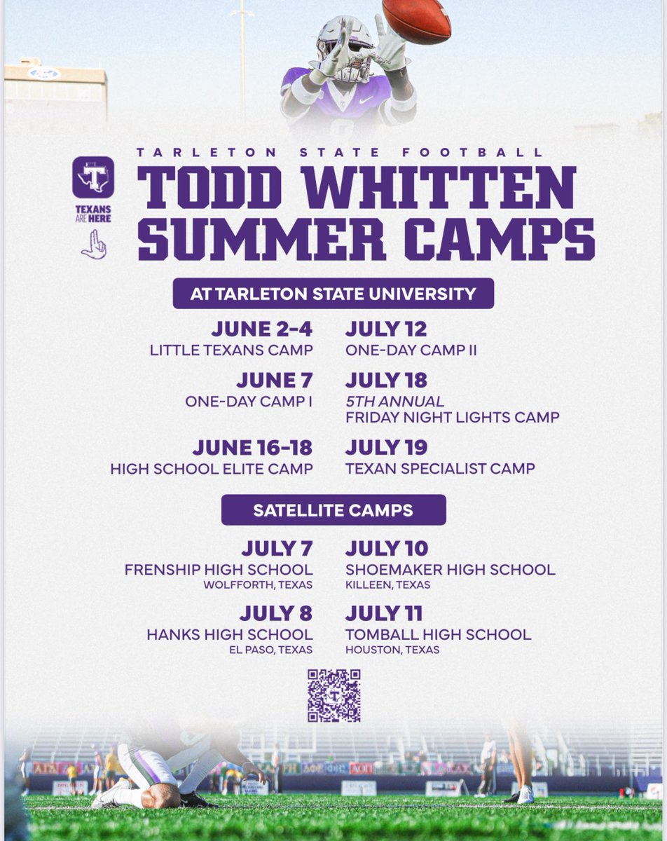 I am attending <a href="/TarletonFB/">Tarleton State Football</a> camp July 18 can’t wait to get out there and show them what I’m made of and meet the coach’s 🟣⚪️. <a href="/TarletonState/">Tarleton State University</a> <a href="/CoachTyroneNix/">Coach T.Nix</a> <a href="/FredrickTate2/">Fredrick Tate</a>
