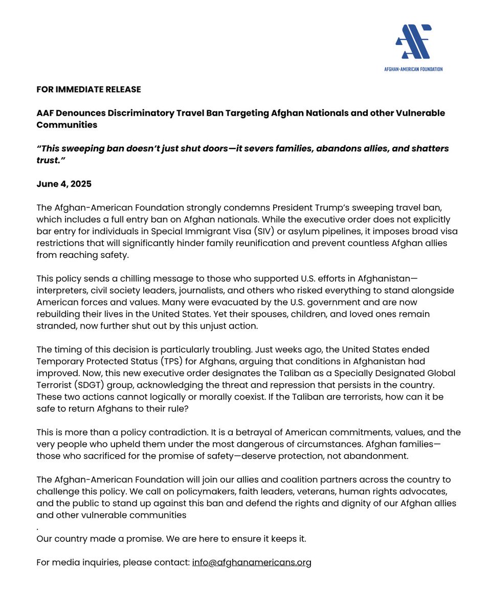 This new travel ban doesn’t just block visas—it blocks families, breaks promises, and betrays those who stood with the U.S. in Afghanistan. You can’t say Afghanistan is “safe” and also label the Taliban terrorists. Which is it? Read our full statement:

#KeepThePromise