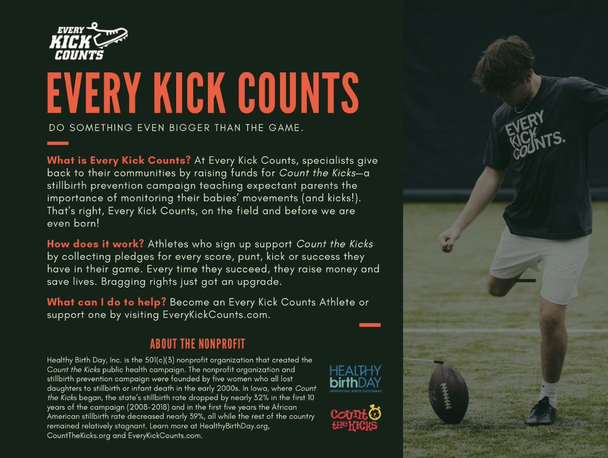aj_wier27's tweet photo. Very excited to announce i’ll be joining @Everykickcounts, a charity where atheltic performance raises money for stillbirth prevention. I am grateful to make an impact beyond the game that can save lives. Football is more than just a game!

Join me in supporting their mission https://t.co/AvRxdFeY9i

@CoachGBaldwin @HighclimbersFB @CoachRiley92 @m_glennsvu @PVA_Kicking @BRuizKicking @ThomasLee919