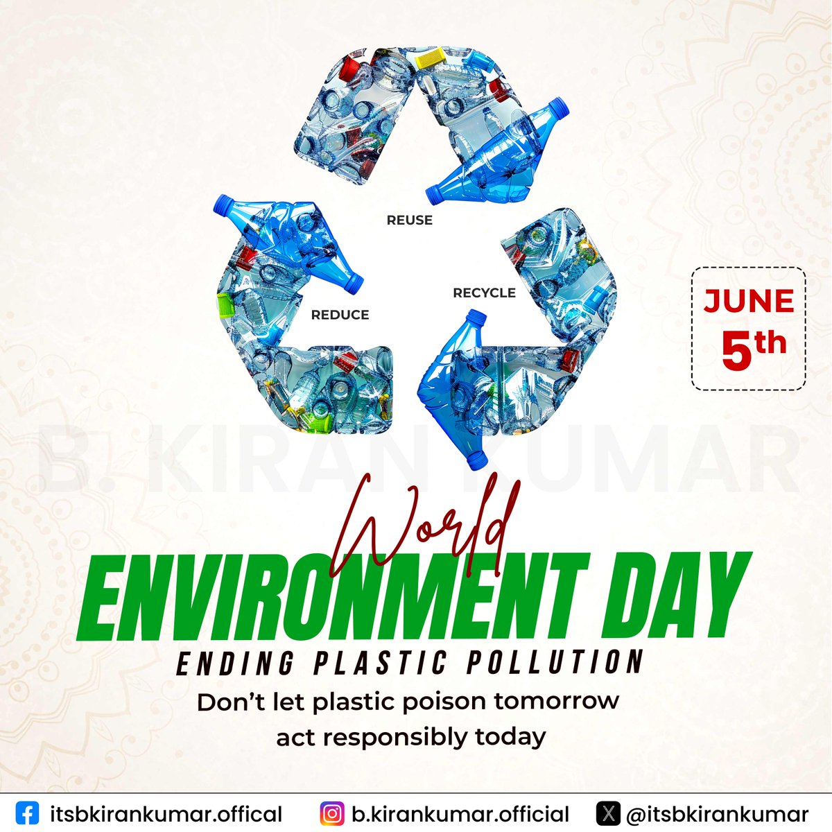 itsbkirankumar's tweet photo. World Environment Day
Ending Plastic Pollution
Ending plastic pollution isn’t a trend it’s a necessity.
#GoGreen #Sustainability #ClimateAction #EcoFriendly #SaveThePlanet https://t.co/4APb4jY2iW
