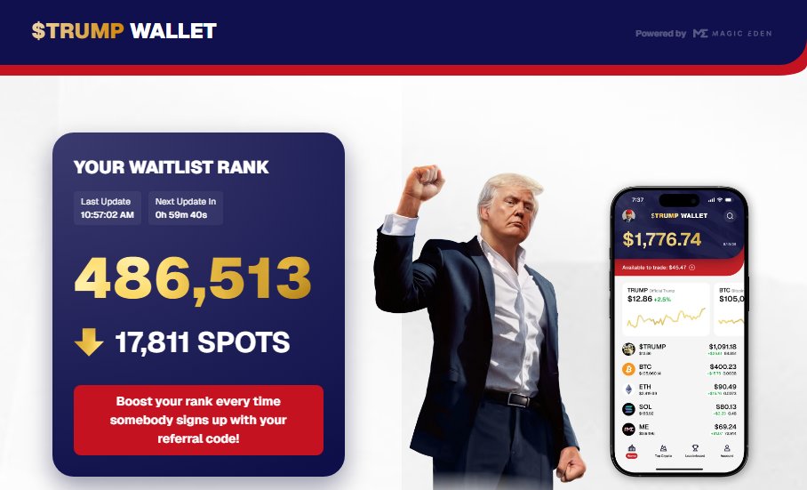 BearFi (@bearfinetwork) on Twitter photo 🚨 Join the $TRUMP Wallet waitlist NOW for a chance at $1M in $TRUMP rewards! 🤑 Use my link: trumpwallet.com/?ref=ocdjrdVFq…
Don’t miss out—this is the Official $TRUMP Wallet by <a href="/MagicEden/">Magic Eden 🪄</a> ! #TrumpWallet #CryptoHype
Disclaimer: Grok is not a financial adviser; please consult one. 🚨 Join the $TRUMP Wallet waitlist NOW for a chance at $1M in $TRUMP rewards! 🤑 Use my link: trumpwallet.com/?ref=ocdjrdVFq…
Don’t miss out—this is the Official $TRUMP Wallet by <a href="/MagicEden/">Magic Eden 🪄</a> ! #TrumpWallet #CryptoHype
Disclaimer: Grok is not a financial adviser; please consult one.