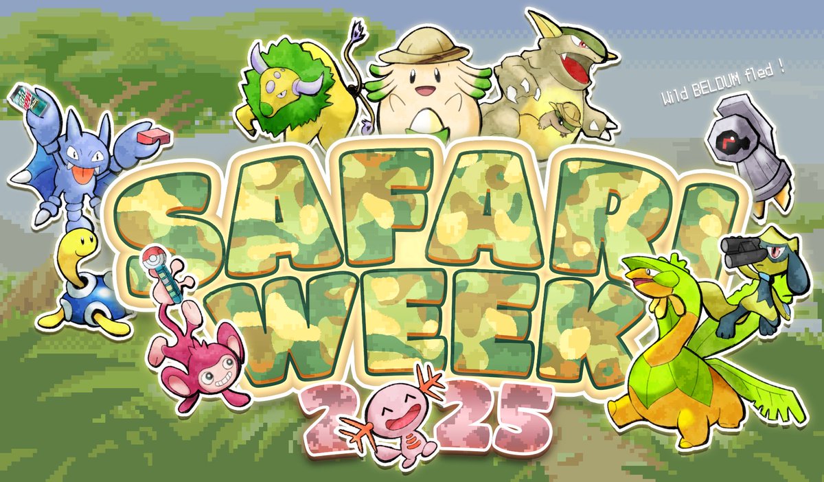 The #SafariWeek 2025 is just a few days away ! I've made a logo for this year's edition, so feel free to use it ! 

What hunts are you planning ? Hope your shinies won't flee🗿

(link to the png HD version below)
