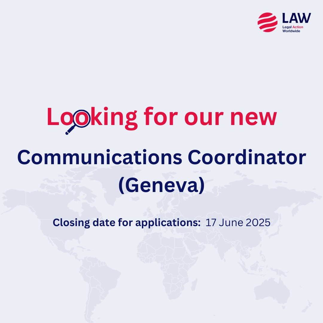 Legal Action Worldwide (LAW) (@legalactionww) on Twitter photo 🚨 We're Hiring: Communications Coordinator
📍 Geneva, Switzerland | 💼 Full-time | 🌍 Global Impact
Ready to shake up the #humanrights space with bold storytelling?
<a href="/LegalActionWW/">Legal Action Worldwide (LAW)</a> is on the hunt for a creative #communications person to amplify the voices that matter most: 🚨 We're Hiring: Communications Coordinator
📍 Geneva, Switzerland | 💼 Full-time | 🌍 Global Impact
Ready to shake up the #humanrights space with bold storytelling?
<a href="/LegalActionWW/">Legal Action Worldwide (LAW)</a> is on the hunt for a creative #communications person to amplify the voices that matter most: