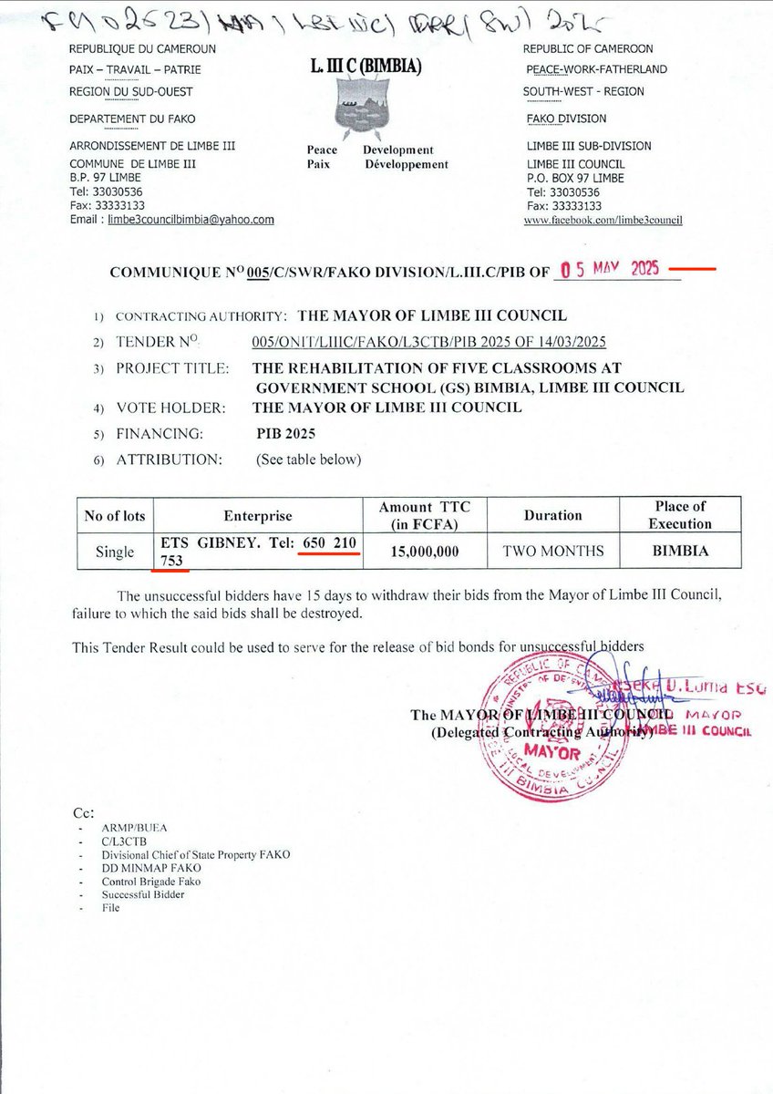 Comme je dis souvent, ce n'est pas qu'on veut être trop suspicieux mais le même jour, tu octroie des marchés à 2 entreprises qui partagent le même numéro?
Tel: 650210753
ETS GIBNEY
ETCHI GRAPHICS
Mr Mayor of LIMBE III, NSEKE LUMA, vous êtes interpellé