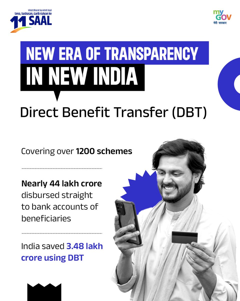 Nirmala Sitharaman Office (@nsitharamanoffc) on Twitter photo Direct Benefit Transfer (DBT) has revolutionised welfare delivery in India, by plugging leakages and ensuring transparency.
Over 1,200 govt schemes now leverage DBT, enabling direct transfer of Rs 44 lakh crore to beneficiaries’ bank accounts. 
This system has already saved the Direct Benefit Transfer (DBT) has revolutionised welfare delivery in India, by plugging leakages and ensuring transparency.
Over 1,200 govt schemes now leverage DBT, enabling direct transfer of Rs 44 lakh crore to beneficiaries’ bank accounts. 
This system has already saved the