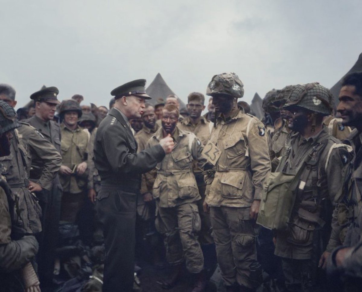General Eisenhower addressing troops the day before the D-Day landing, June 5, 1944. “The eyes of the world are upon you.”