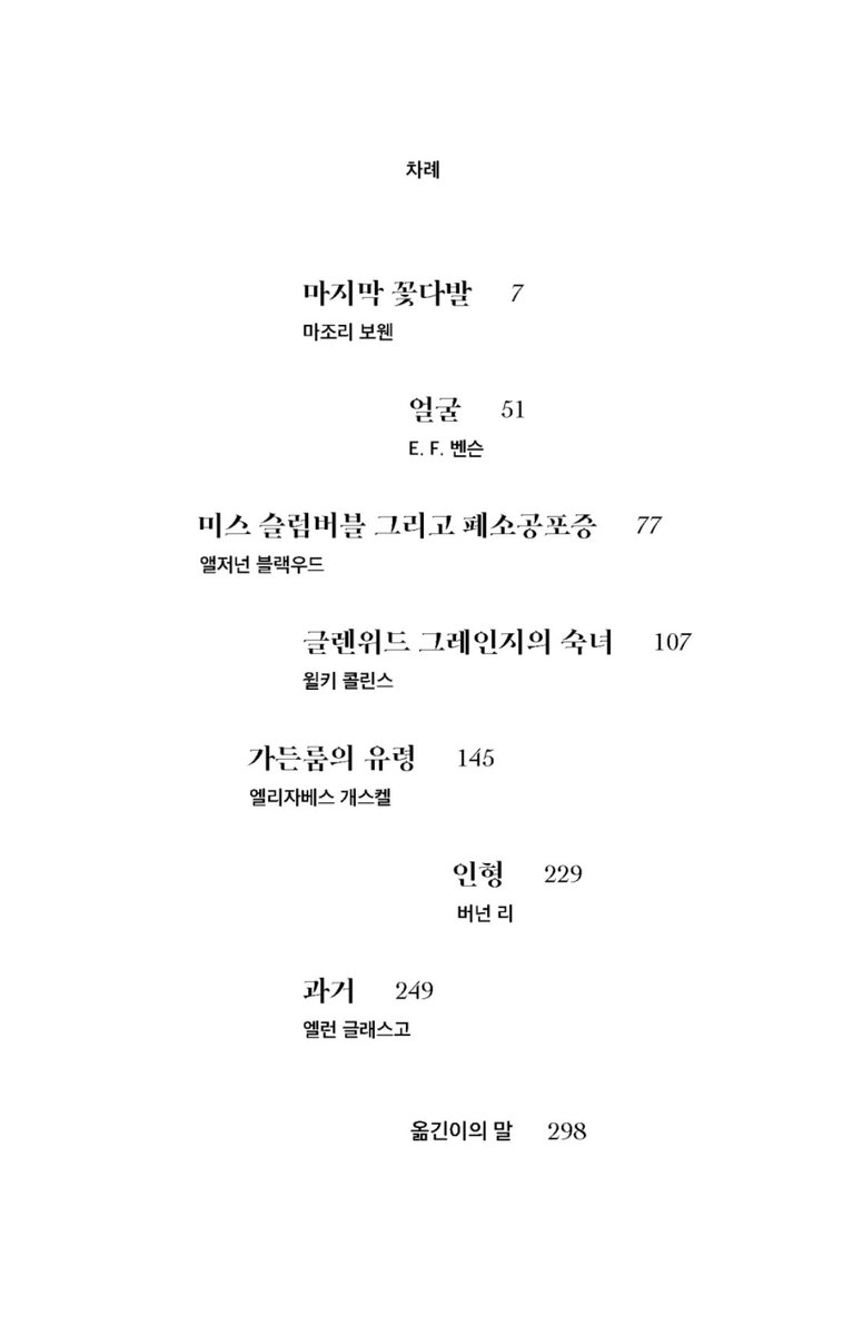 직감과 두려움, 마조리 보웬, E.F. 벤슨, 앨저넌 블랙우드, 윌키 콜린스, 엘리자베스 개스켈, 버넌 리, 엘런 글래스고