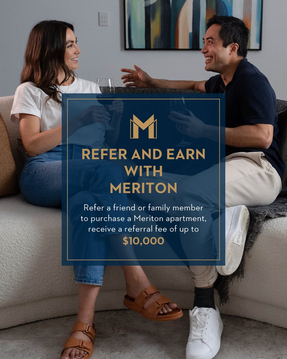 MeritonGroup's tweet image. Know someone looking to buy? Refer them to purchase a brand-new Meriton apartment, and you could earn up to $10,000 just for pointing them in the right direction.
You don’t need to be a Meriton owner to take part, whether you’re a past buyer or simply a fan of Meriton’s…