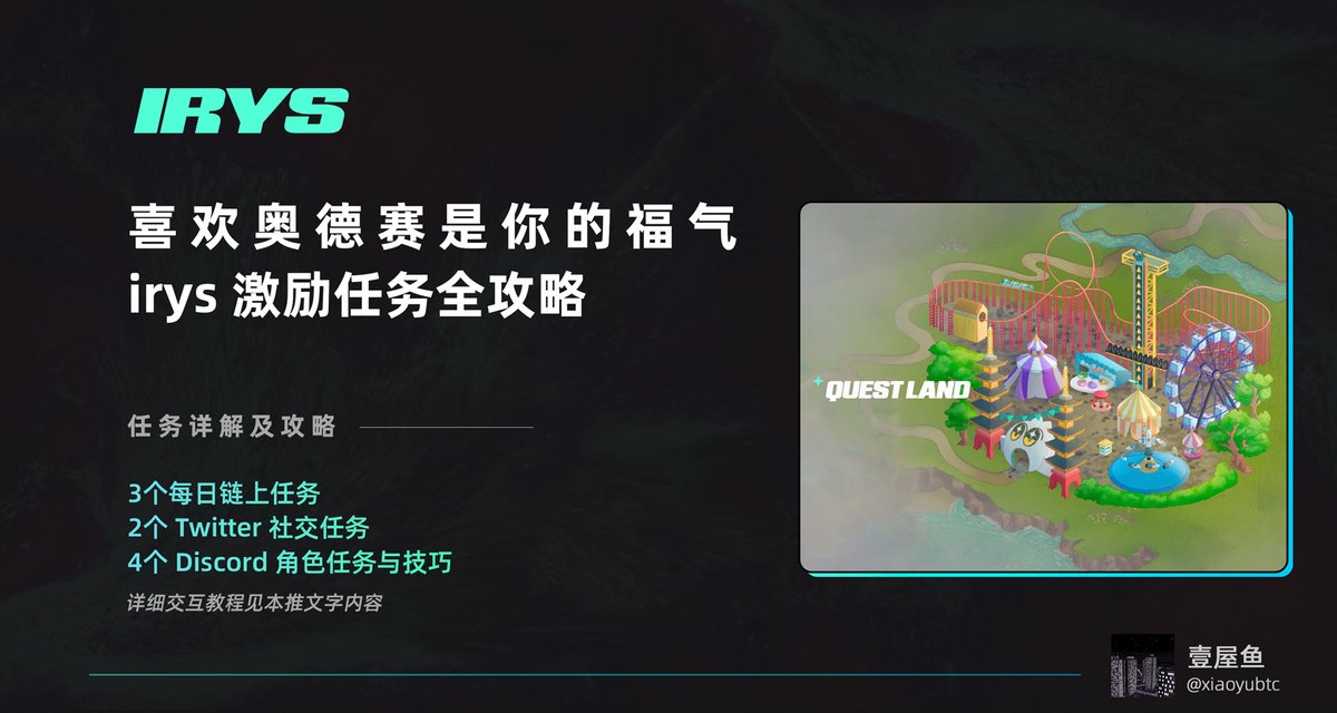 irys 激励任务全攻略
---irys上线全新任务网站

兄弟们，喜欢奥德赛的又有福了， irys <a href="/irys_xyz/">Irys (✧ᴗ✧)</a>  上线了自己的任务网站，奥德赛来了

从 irys 的任务网站的UI界面来看，这应该也是一次大型激励任务系统，目前只开放了一个区域 Quest Land ，未来还会解锁更多任务模块。从 irys