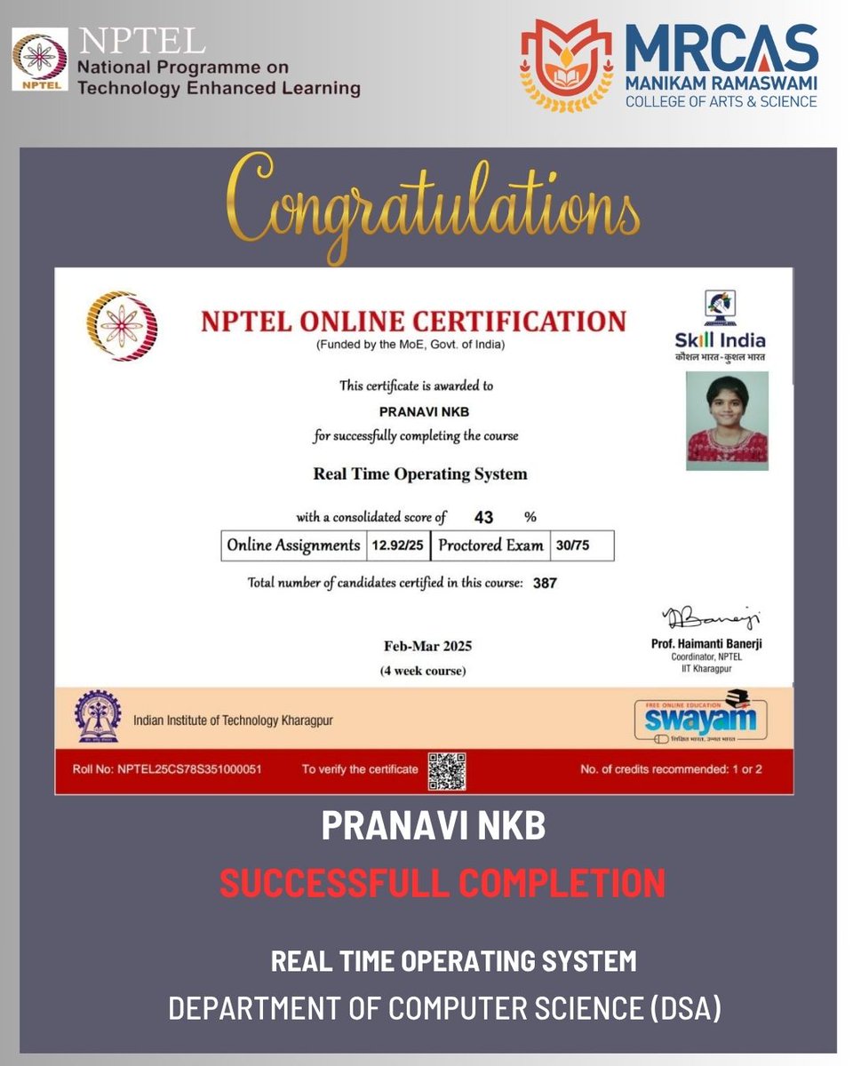 mrcas_madurai's tweet photo. 🎓✨ Congratulations, Pranavi NKB! 
Your hard work and commitment have paid off!

#MRCASTalent #NPTELSuccess #RealTimeOperatingSystem #StudentAchievement #MRCASMadurai #FutureLeaders #EmpoweredMinds #MRCASShines #Madurai #artsandsciencecollege #topartscollege #mrcasartscollege https://t.co/Swsk2ew1pF