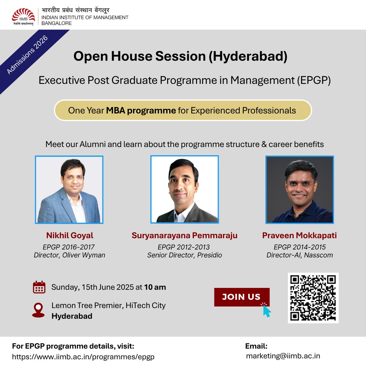 iimb_official's tweet photo. Join us for the EPGP Open House in Hyderabad!
Hear directly from our alumni - Nikhil Goyal, Suryanarayana Pemmarajuand Praveen Mokkapati – as they share their EPGP journeys.
Register Now: https://t.co/bRXrfBatLw
#IIMBangalore #EPGP #MBAforProfessionals #Leadership #IIMBOpenHouse https://t.co/jGvhi6yBKd