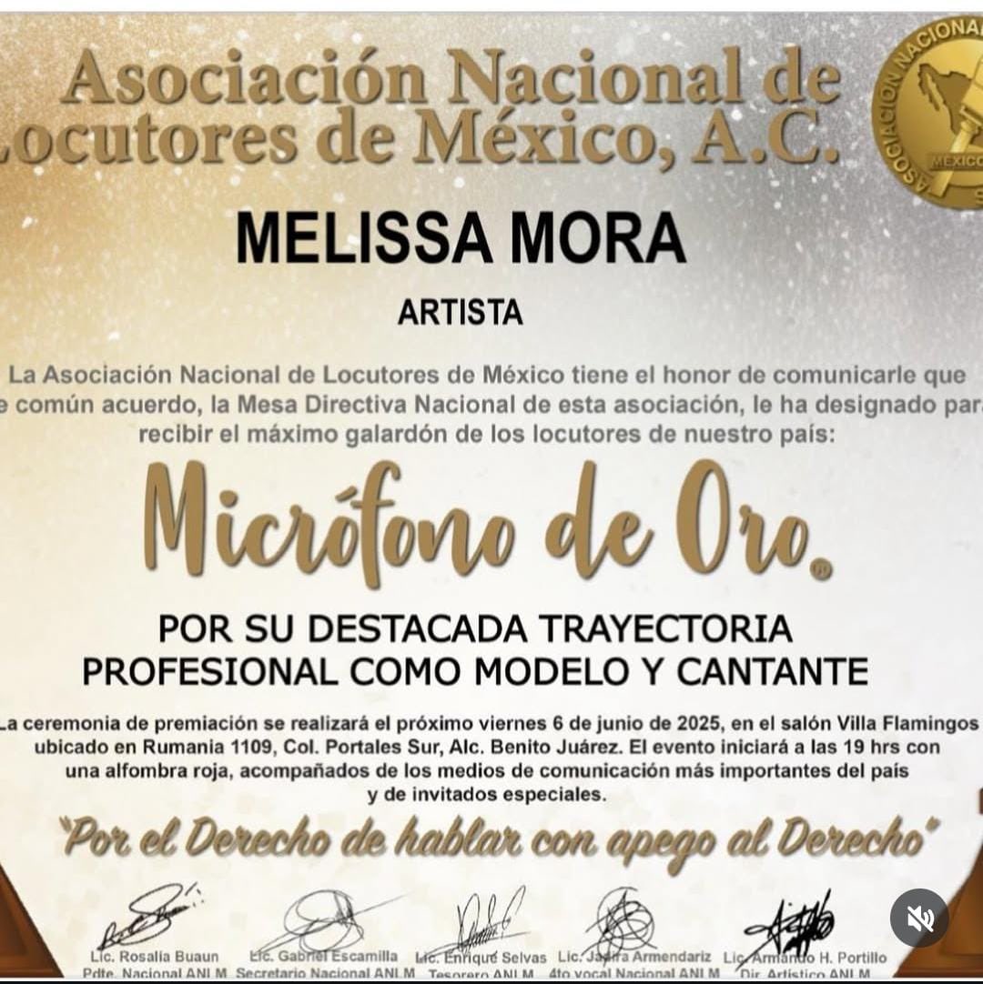 MELISSA MORA RECIBIRÁ GALARDÓN EN MÉXICO 🎙️

La cantante y modelo costarricense #MelissaMora va a recibir el premio "Micrófono de Oro", éste maximo galardón se lo entregará este próximo viernes 6 de junio la Asociación Nacional de Locutores de México.