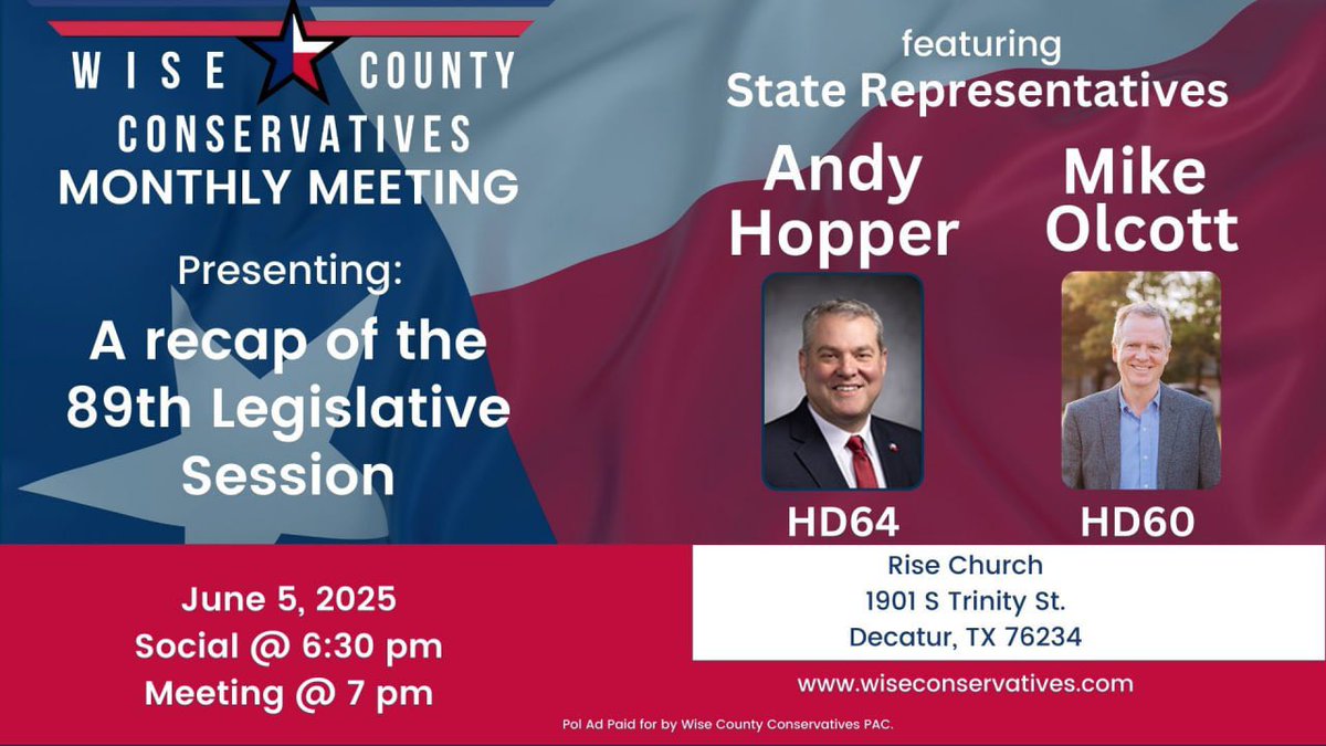 WCC_Texas's tweet image. Are you up to date on the conservative wins and losses of the 89th Legislature? Join us Thursday evening to get a recap of session, and get a glimpse into the day-to-day lives of freshman reps @AndyHopperTX and @olcott4texas as they served in the Austin swamp the past 5 months.
