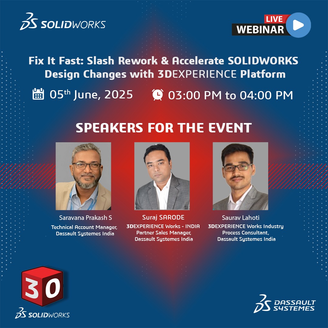 Happening Today!
Tired of chasing feedback and struggling with last-minute design changes?

Don’t miss out — join us live.

#SOLIDWORKS #3DEXPERIENCEPlatform