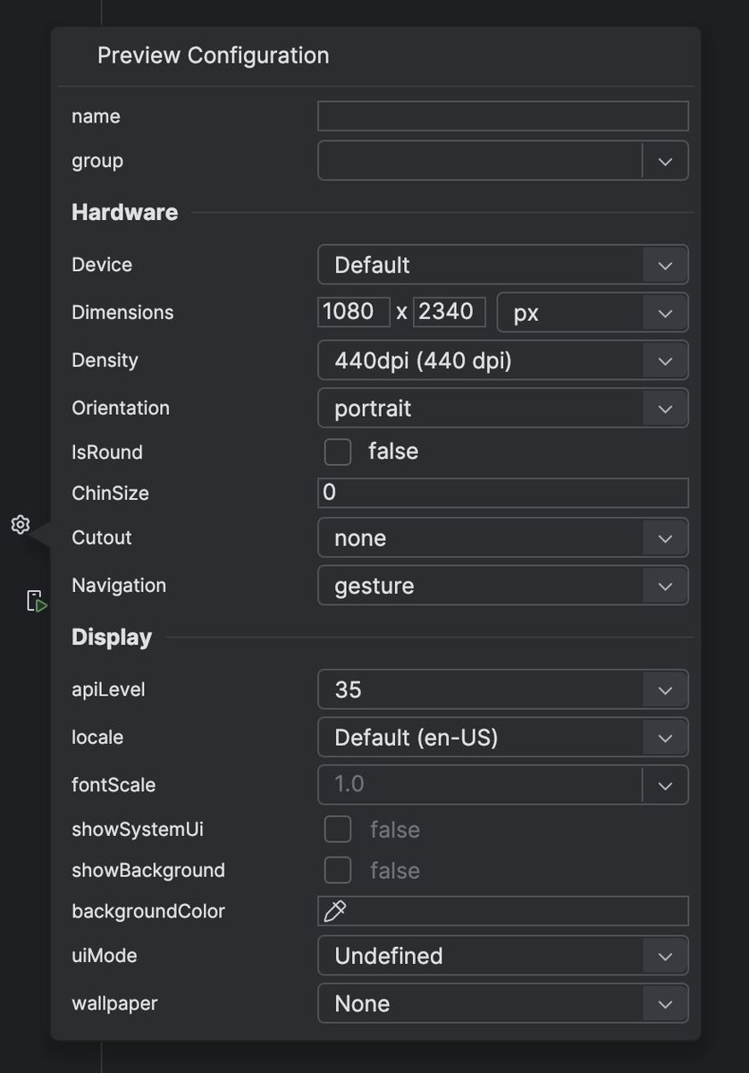 In Android Studio Narwhal, you can visually configure a preview for composable functions by clicking the gear icon next to your preview function.