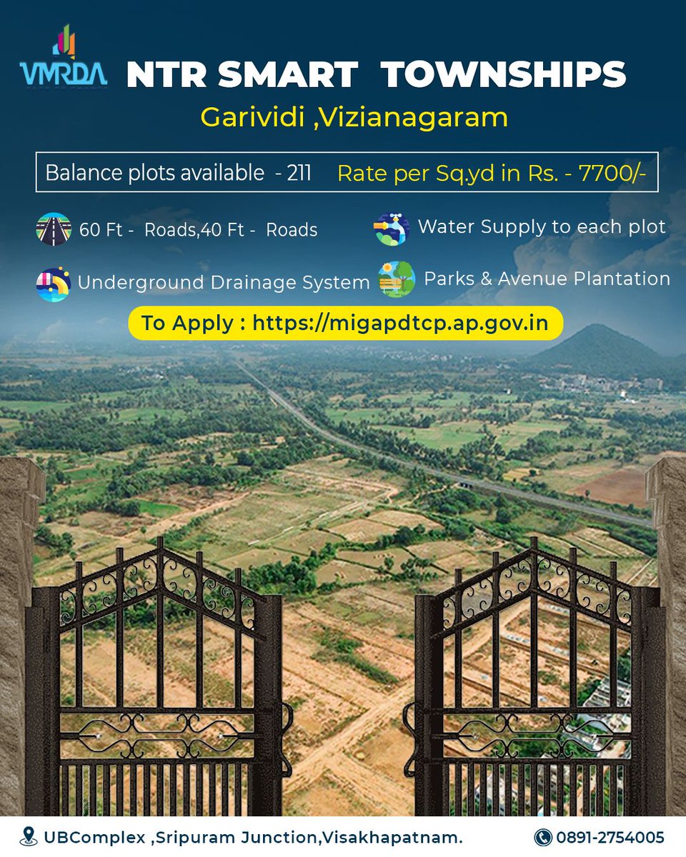vmrdaofficial's tweet image. 🏙️ Live Smart. Invest Smarter.
Welcome to NTR Smart Townships at Garividi, Vizianagaram 
📍 Location: Garividi, Vizianagaram
📝 Apply Now: migapdtcp.ap.gov.in
📞 Contact: 0891-2754005
🏢 Visit us: UB Complex, Siripuram Junction, Visakhapatnam
#NTRSmartTownships #VMRDAProjects