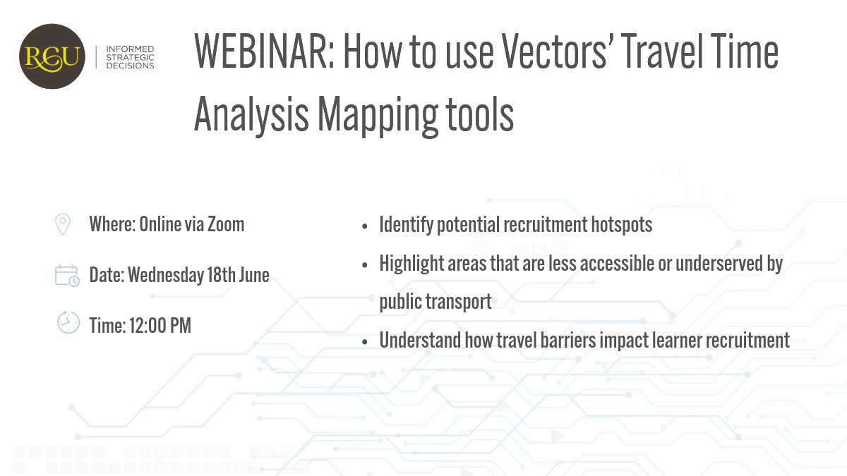Join our 30 minute webinar to find out how Travel Time Mapping in Vector can help your college identify recruitment hotspots, highlight areas of  competition, &amp; inform transport strategies
📶 June 18th- 12pm 
👉 bit.ly/4dPceWW
#FurtherEducation #RecruitmentStrategy