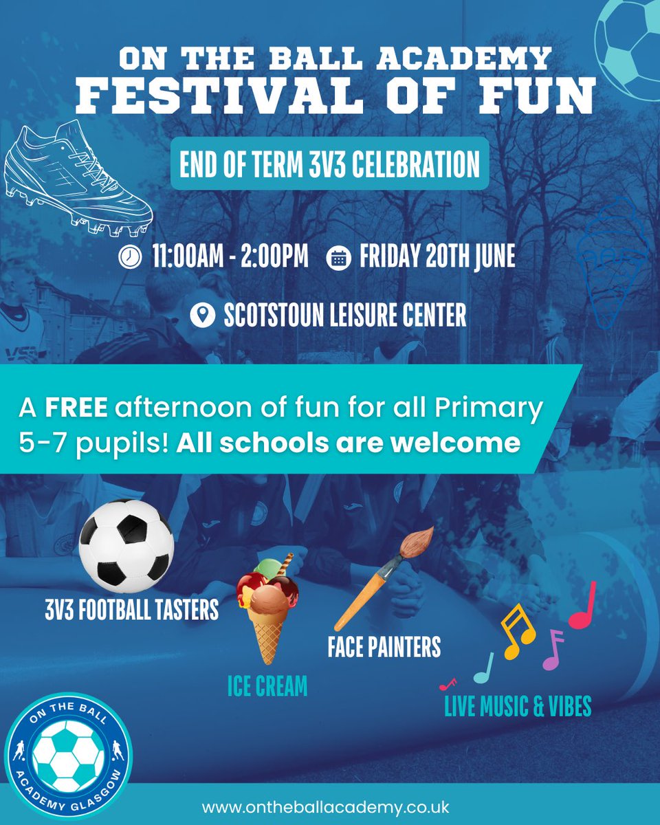OnTheBallAcademyGlasgow (@ontheballglasgo) on Twitter photo OTB Free Festival of Fun β½οΈ
Weβre really looking forward to this one, welcoming schools from across the city, celebrating our tremendous work with our S4s <a href="/StThomasAqSec/">St Thomas Aquinas</a>
If your Primary School is interested in coming along, drop us an email β¬οΈ
opsmanager@ontheballacademy.co.uk OTB Free Festival of Fun β½οΈ
Weβre really looking forward to this one, welcoming schools from across the city, celebrating our tremendous work with our S4s <a href="/StThomasAqSec/">St Thomas Aquinas</a>
If your Primary School is interested in coming along, drop us an email β¬οΈ
opsmanager@ontheballacademy.co.uk