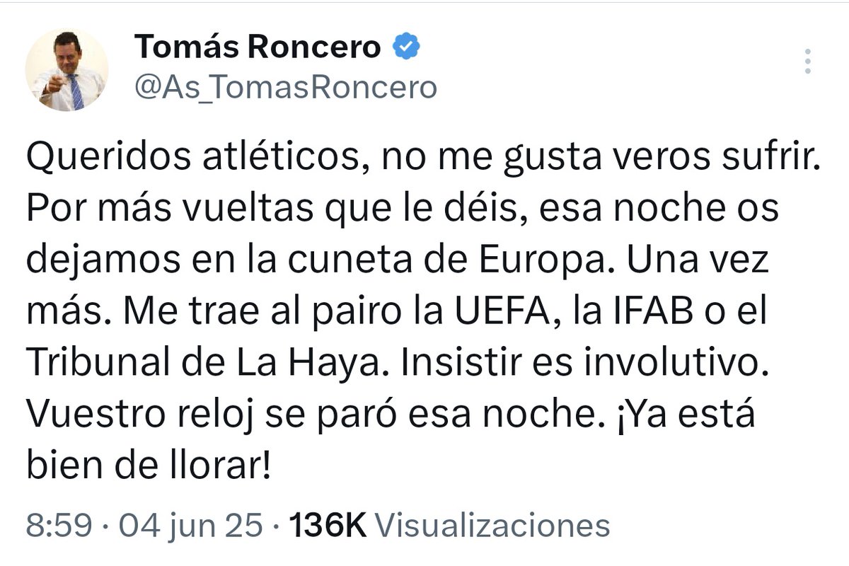 Llevan toda la temporada llorando incluso a punto de no presentarse a un partido y todo porque no han ganado una mierda y nos dice que ya está bien de llorar 😭 Involutivo fue tu nacimiento.
