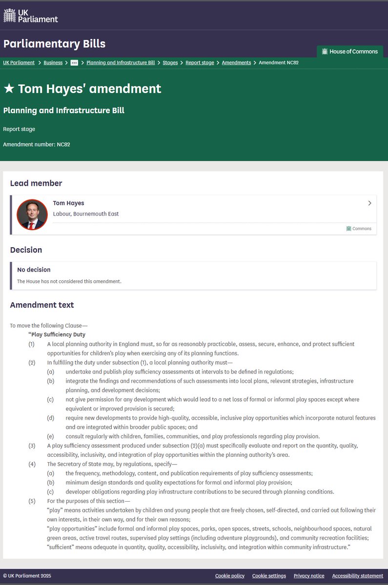 Play England (@playengland) on Twitter photo 🚨 Big moment for play!
<a href="/TomHayesBmouth/">Tom Hayes MP</a> has tabled a landmark amendment - developed by <a href="/PlayEngland/">Play England</a> - to embed a #PlaySufficiency duty in law.
Children don’t just need homes 🏡 They need a childhood. And #ItAllStartsWithPlay!
📩 Email your MP now!
🔗 playengland.org.uk/newsblog/big-m… 🚨 Big moment for play!
<a href="/TomHayesBmouth/">Tom Hayes MP</a> has tabled a landmark amendment - developed by <a href="/PlayEngland/">Play England</a> - to embed a #PlaySufficiency duty in law.
Children don’t just need homes 🏡 They need a childhood. And #ItAllStartsWithPlay!
📩 Email your MP now!
🔗 playengland.org.uk/newsblog/big-m…