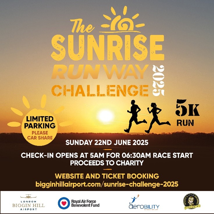 "This event provides the unique opportunity to take on a 5K run on our runway while the sun rises, with all proceeds going to our three incredible charity partners: Scotty’s Little Soldiers, RAF Benevolent Fund and Aerobility." - Biggin Hill Airport 

bigginhillairport.com/sunrise-challe…