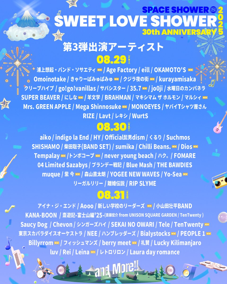 sls_sstv's tweet photo. 【第3弾ラインナップ発表！】
SPACE SHOWER SWEET LOVE SHOWER 2025
30th ANNIVERSARY
 
新たに21組のアーティストが出演決定✨️
第3弾までに計83組が出演決定し全体の約9割が出揃いました！
アニバーサリーイヤーの #ラブシャ で最高の3日間を過ごしましょう❤️‍🔥
オフィシャル3次先行は6/18(水)まで受付中！

詳細はこちら👇
https://t.co/p9BmLJeqZe