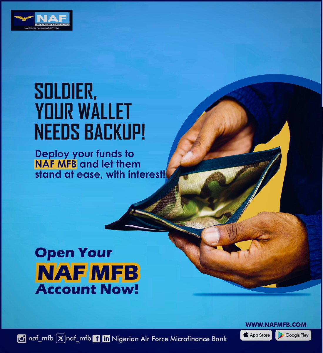 naf_mfb's tweet image. Soldier, your wallet’s been on the frontlines for too long! 🪖

Give it some backup — move your money to NAF MFB and watch it earn interest at ease.

🪙 It’s time to rest and grow your funds like a true officer.

#NAFMFB 
#WalletBackup 
#InterestEarned 
 #NAFStrong 
#SecureSaving