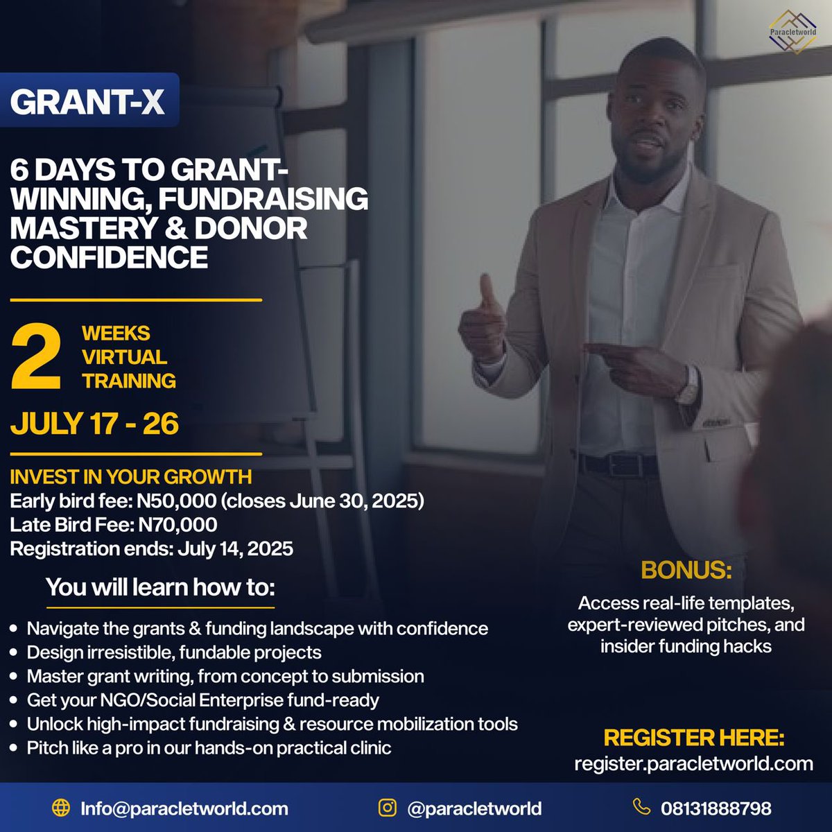🌟 GRANT-X INTENSIVE 🌟
6 DAYS TO MASTER GRANT-WINNING, FUNDRAISING &amp; BUILDING DONOR CONFIDENCE
📅 2-Week Virtual Training
🚀 Ready to Unlock Funding Opportunities Like a Pro?
💼 Make This the Year You Finally Win Grants Consistently. Let’s Build Your Funding Confidence—Together.