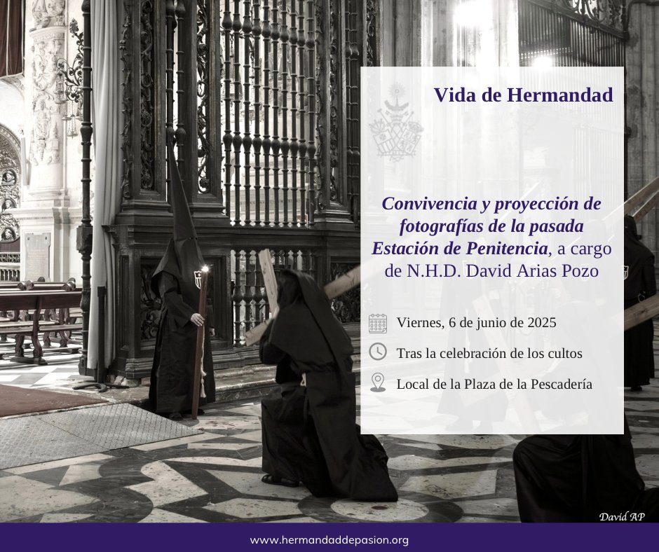 𝐌𝐚𝐧̃𝐚𝐧𝐚 𝐯𝐢𝐞𝐫𝐧𝐞𝐬, 𝐜𝐨𝐧𝐯𝐢𝐯𝐞𝐧𝐜𝐢𝐚 𝐭𝐫𝐚𝐬 𝐥𝐚 𝐜𝐞𝐥𝐞𝐛𝐫𝐚𝐜𝐢𝐨́𝐧 𝐝𝐞 𝐥𝐨𝐬 𝐜𝐮𝐥𝐭𝐨𝐬

La Archicofradía invita a todos sus hermanos a la convivencia que tendrá lugar 𝐦𝐚𝐧̃𝐚𝐧𝐚, 𝐯𝐢𝐞𝐫𝐧𝐞𝐬 𝟔 𝐝𝐞 𝐣𝐮𝐧𝐢𝐨, tras la celebración de los cultos