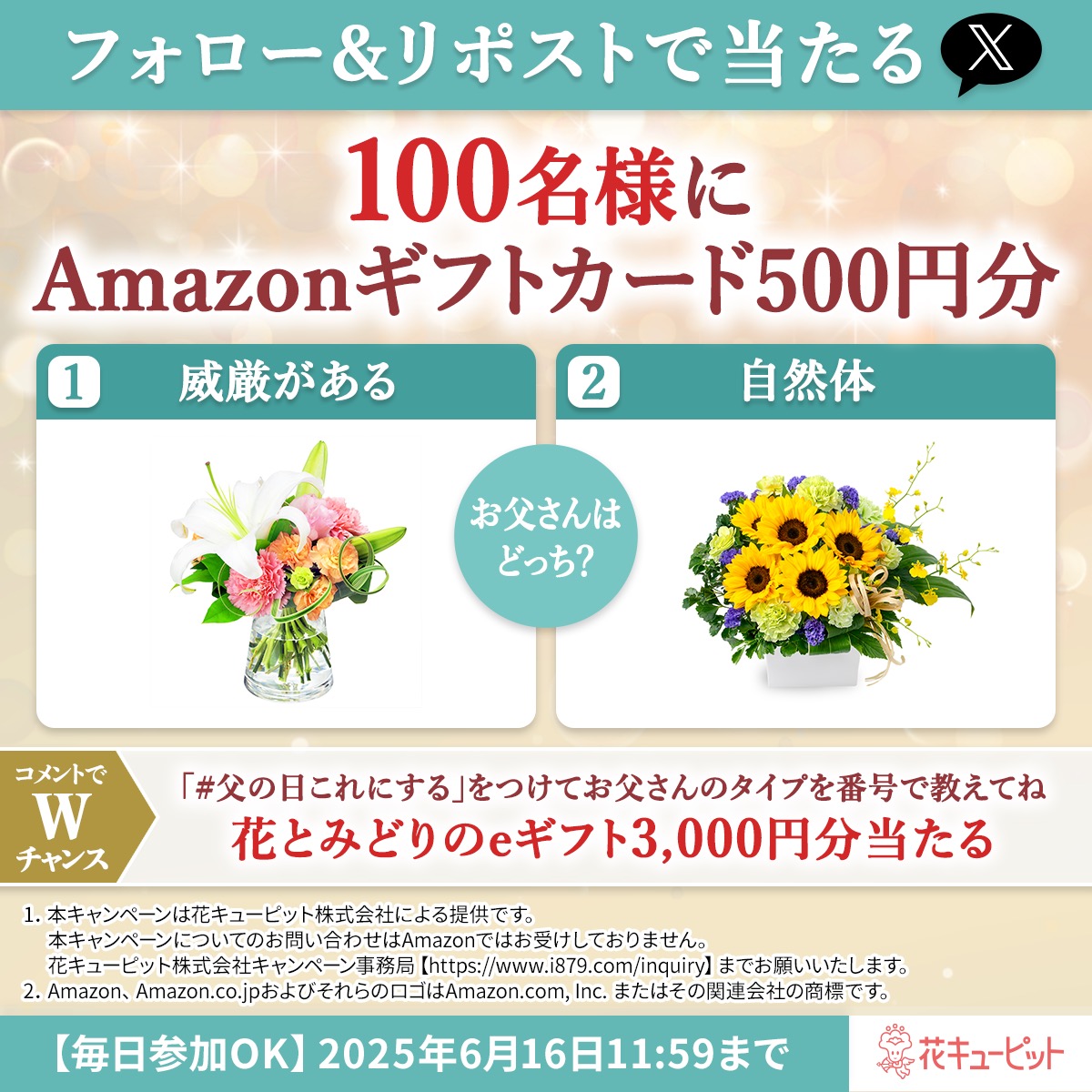 Amazonギフトカード500円分🎁 フォロー＆リポストで即当選！ リプライでWチャンス3000円分🌻 1️⃣@i8791をフォロー 2⃣6/15  11:59迄に本投稿をリポスト 当選者に即DM Wチャンス🎁お父さんはどっち？ 花とみどりのeギフト3000円分🌻  【#父の日これにする】と番号をリプライ📝