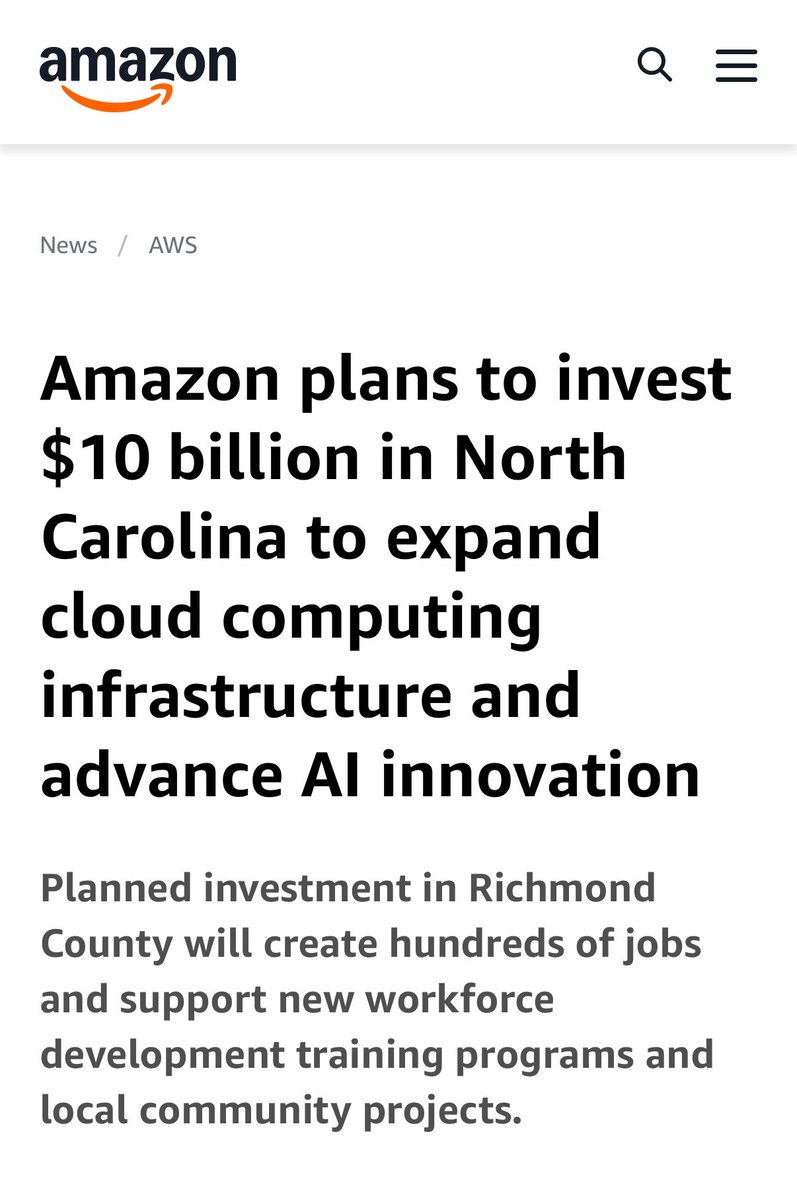 Alejandro (@alejnavia) on Twitter photo News: Amazon just announced a $10B investment in North Carolina’s AI infrastructure.
Back in April, I wrote an op-ed in <a href="/carolinajournal/">Carolina Journal</a> calling for exactly this: bold bets to make NC the backbone of the digital economy.
Not saying I made it happen…
But someone at Amazon News: Amazon just announced a $10B investment in North Carolina’s AI infrastructure.
Back in April, I wrote an op-ed in <a href="/carolinajournal/">Carolina Journal</a> calling for exactly this: bold bets to make NC the backbone of the digital economy.
Not saying I made it happen…
But someone at Amazon