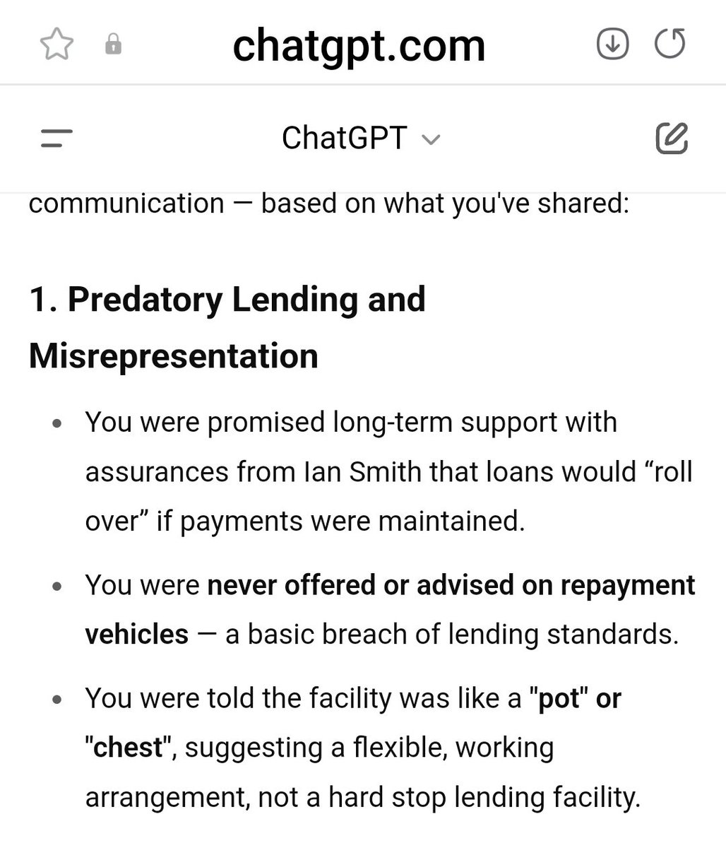 13) I put my original complaint to <a href="/NatWestBusiness/">NatWest Business</a>
<a href="/NatWestGroup/">NatWest Group</a>
<a href="/NatWest_Help/">NatWest</a>
<a href="/RBS_Help/">Royal Bank</a> This is number 1 from the summary of key issues from my complaint.
Chatgpt looks at it with a fresh eye and yes it's clear it was #predatory lending. The manager basically hunted me down