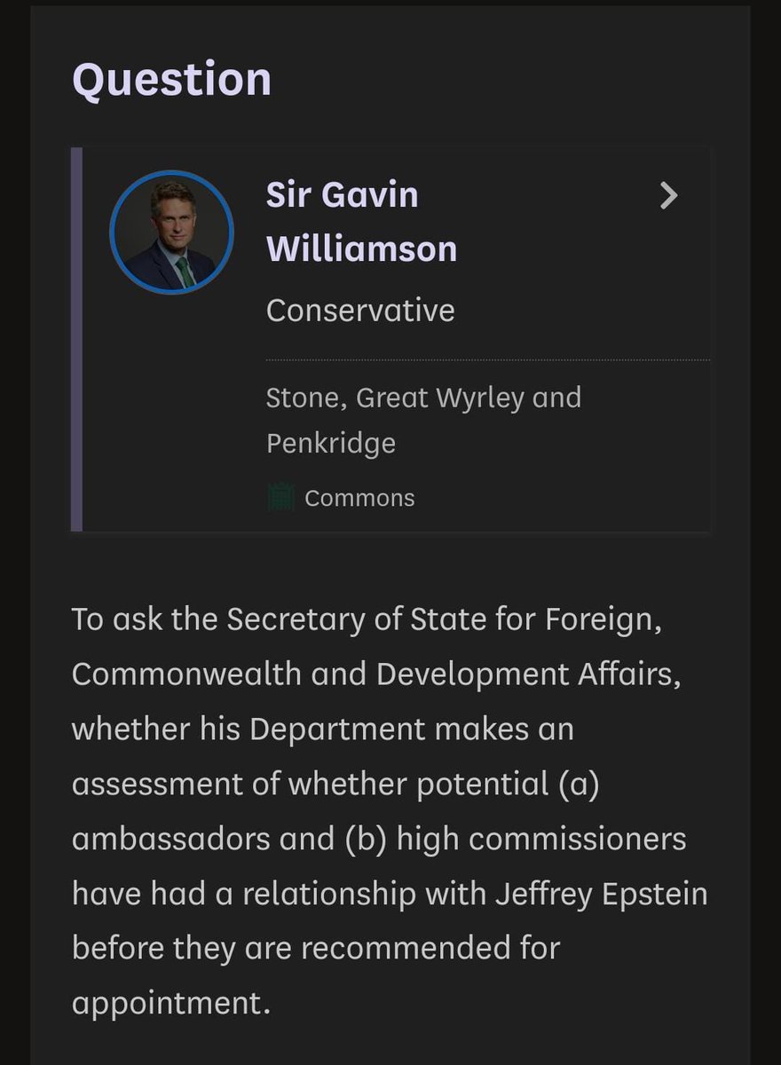 Sir Gavin Williamson CBE MP (@gavinwilliamson) on Twitter photo It would also be reassuring to know that the <a href="/FCDOGovUK/">Foreign, Commonwealth & Development Office</a> properly investigated Peter Mandelson’s links to the sex trafficker of minors Jeffrey Epstein before his appointment to one of the most senior diplomatic roles in government. It would also be reassuring to know that the <a href="/FCDOGovUK/">Foreign, Commonwealth & Development Office</a> properly investigated Peter Mandelson’s links to the sex trafficker of minors Jeffrey Epstein before his appointment to one of the most senior diplomatic roles in government.