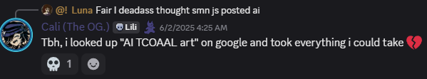 joe_dans's tweet photo. @FamCryptkeeper sorry let me word it more correctly, Cali would like search up TCOAAL AI art on google or pinterest and then draw her OC on them, I'm not sure if she just traced them over or actually redrew it different but welp, doesn't matter to the average member in her server. https://t.co/i5VHKciHYa