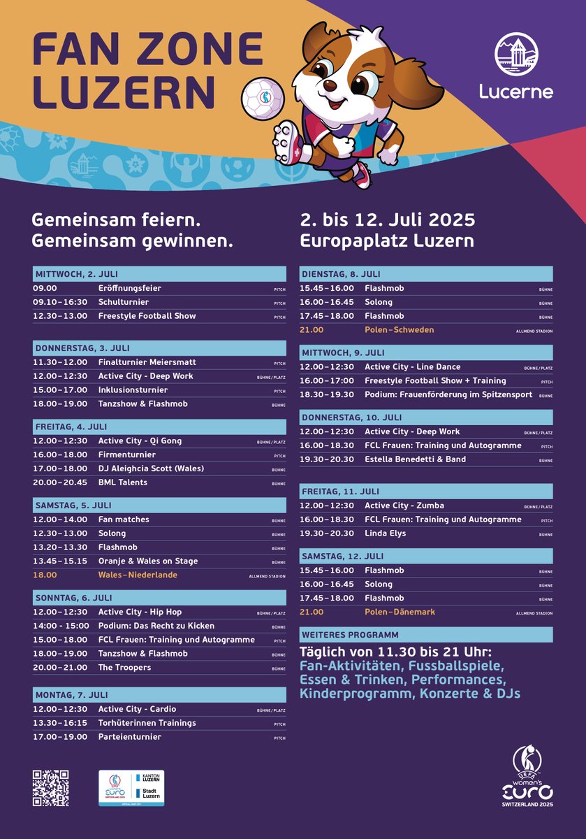 ⚽️UEFA WOMEN'S EURO 2025⚽️
In 30 Tagen wird das erste Spiel der UEFA Women's EURO 2025 in Luzern stattfinden.😍 Organisiert von Stadt und Kanton Luzern wird der Europaplatz ab 2. Juli zur Fanzone mit abwechslungsreichem Programm.🎶💃🕺
Weitere Infos👉luzern.com/weuro